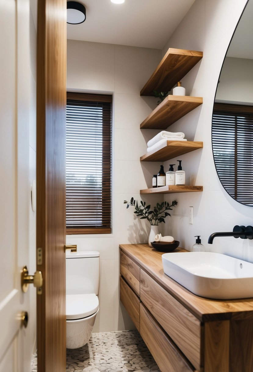 A modern bathroom with natural wood floating shelves and minimalist Scandi design
