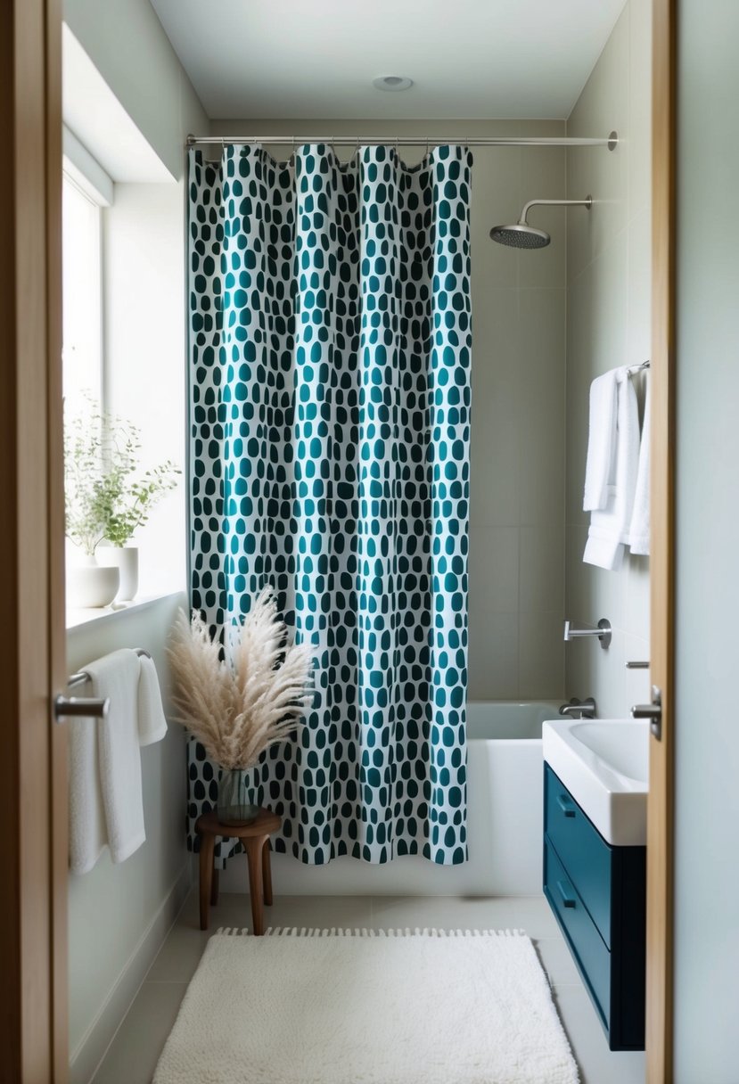 A modern bathroom with a Marimekko Unikko shower curtain, minimalist Scandinavian design, and natural light