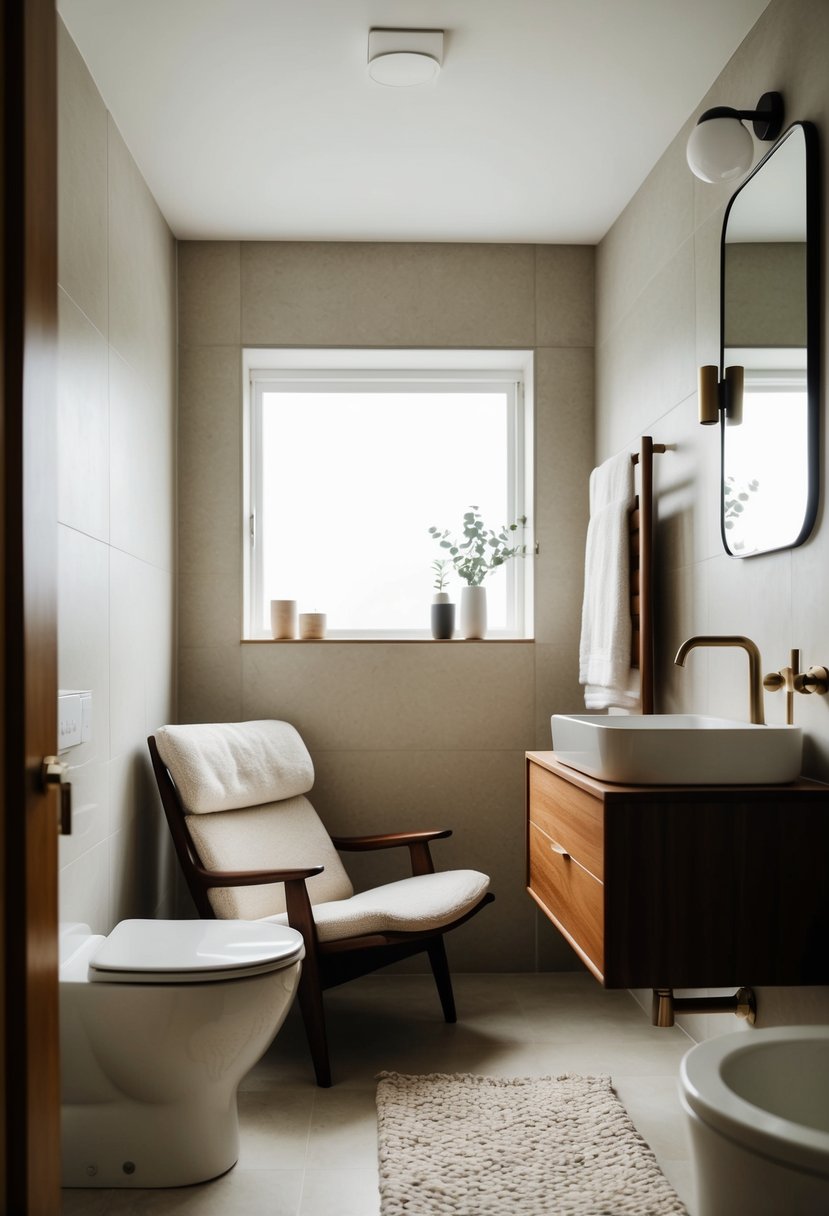 A cozy, minimalist ensuite with a Hans Wegner CH25 lounge chair as the focal point, surrounded by Scandinavian design elements