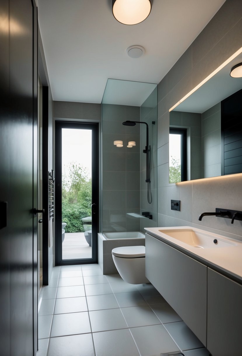 A spacious ensuite bathroom with light grey ceramic floor tiles and minimalist Scandinavian design