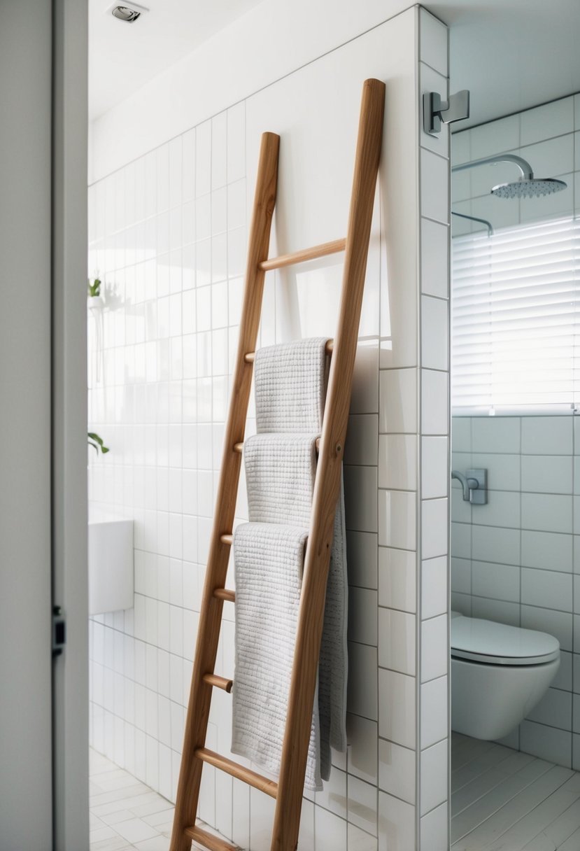 An oak ladder towel rack stands against a white tiled wall in a minimalist Scandinavian ensuite bathroom