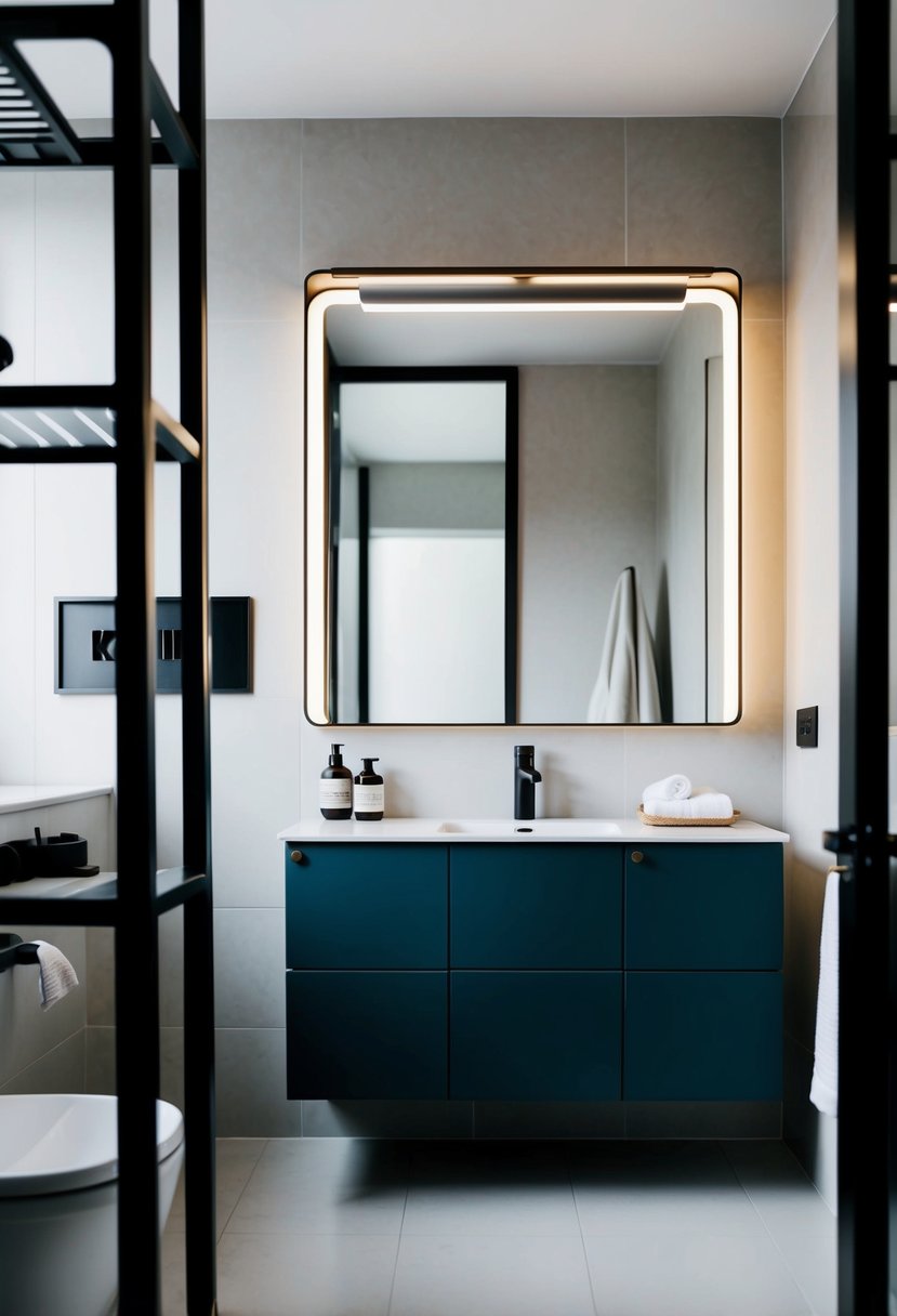 A modern bathroom with a Kartell Componibili storage unit, minimalist decor, and Scandinavian design elements