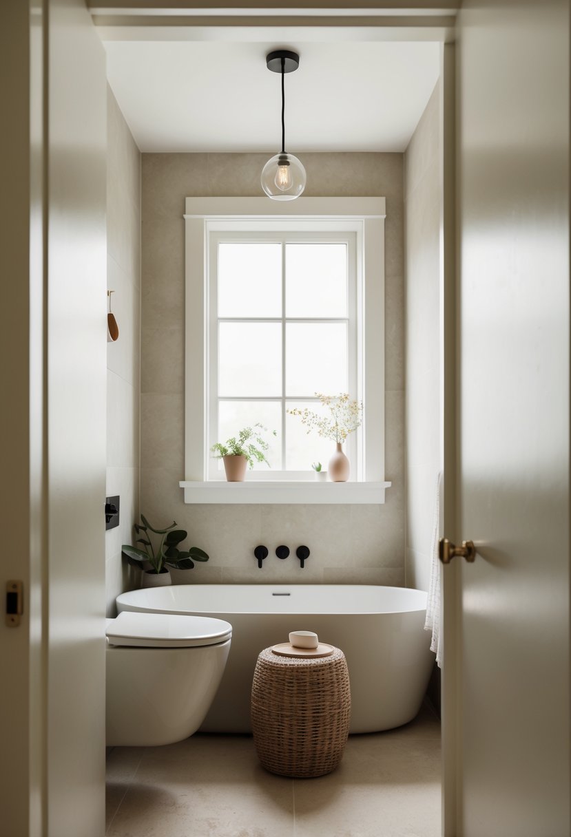 A cozy, minimalist ensuite with a Normann Copenhagen Tablo table as the focal point, surrounded by Scandinavian design elements and natural light
