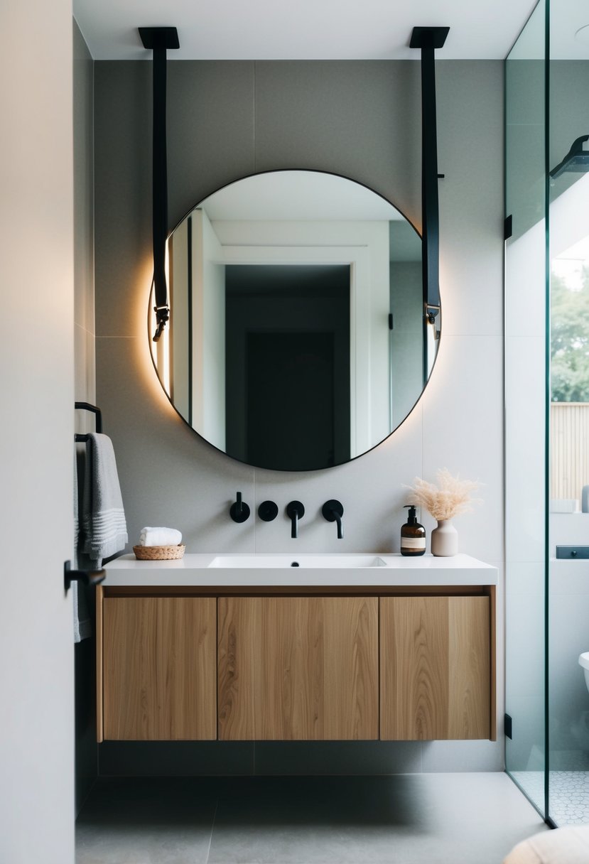 A sleek, minimalist bathroom with a large strap mirror, natural wood accents, and modern Scandinavian design elements