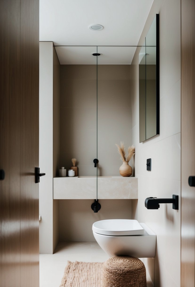 A simple, modern bathroom with clean lines, neutral colors, and natural materials