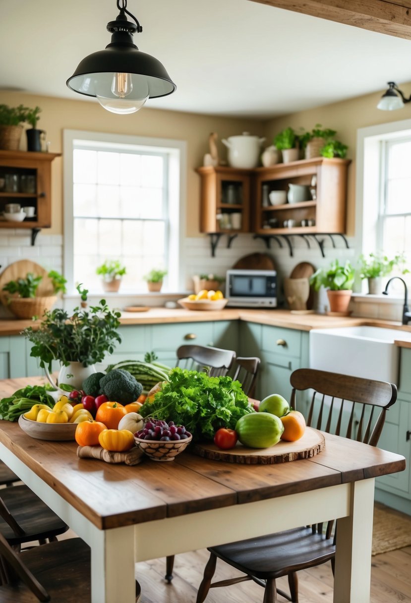 A farmhouse kitchen table adorned with fresh produce and rustic decor in a cozy cottage kitchen