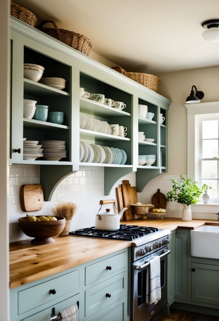 A cozy cottage kitchen with open shelving filled with neatly displayed dishware and rustic decor