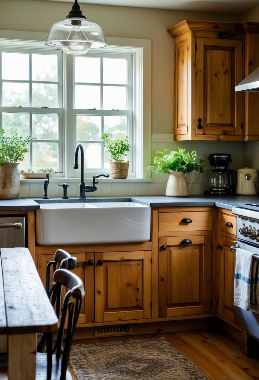 A vintage-inspired apron sink in a cozy cottage kitchen with rustic wooden cabinets, a farmhouse table, and natural light streaming in through a window