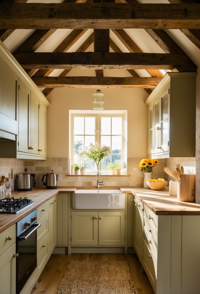 Sunlight filters through the exposed wooden beams in a cozy cottage kitchen, illuminating the rustic charm of the space