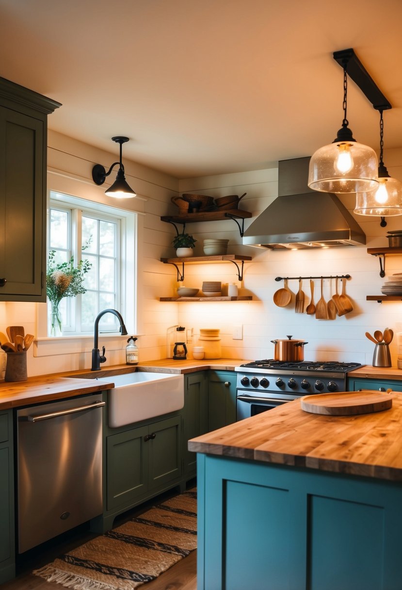 A cozy cottage kitchen with butcher block countertops, warm lighting, and rustic decor