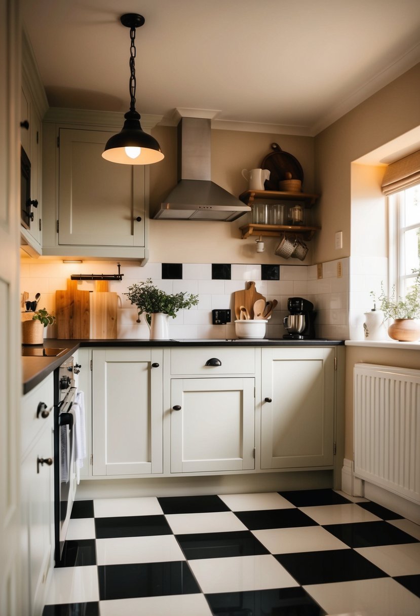 A cozy cottage kitchen with black and white checkerboard floor tiles, warm lighting, and rustic decor