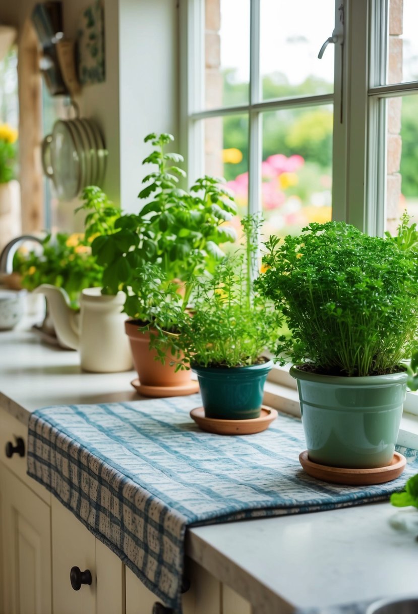 A cozy herb garden sits on a sunny windowsill in a charming cottage kitchen