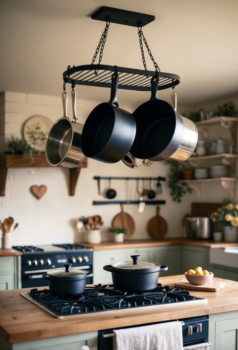 A rustic kitchen with a cast iron pot rack hanging from the ceiling, surrounded by cozy cottage decor