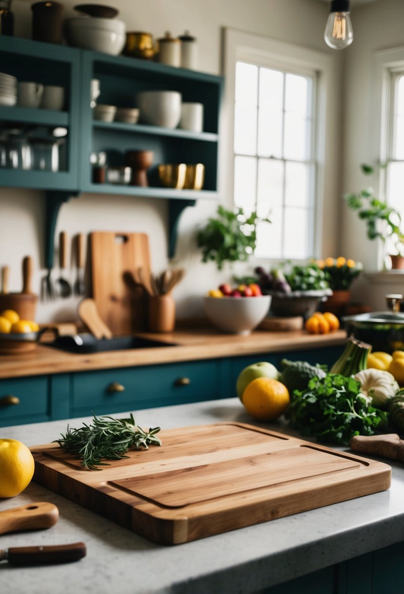 A rustic wooden cutting board sits on a kitchen counter, surrounded by vintage kitchen tools and fresh produce