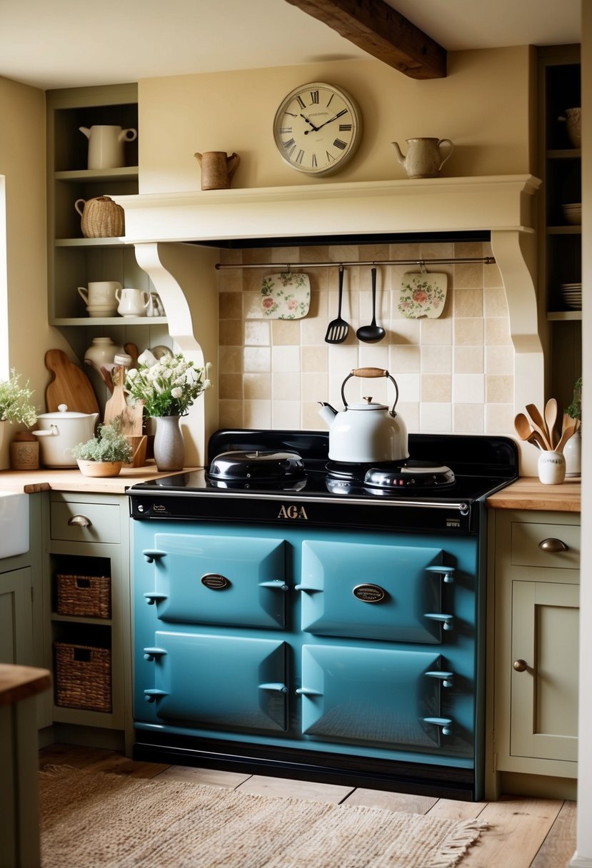 An Aga cast iron range as the focal point of a cozy cottage kitchen, surrounded by rustic and charming decor