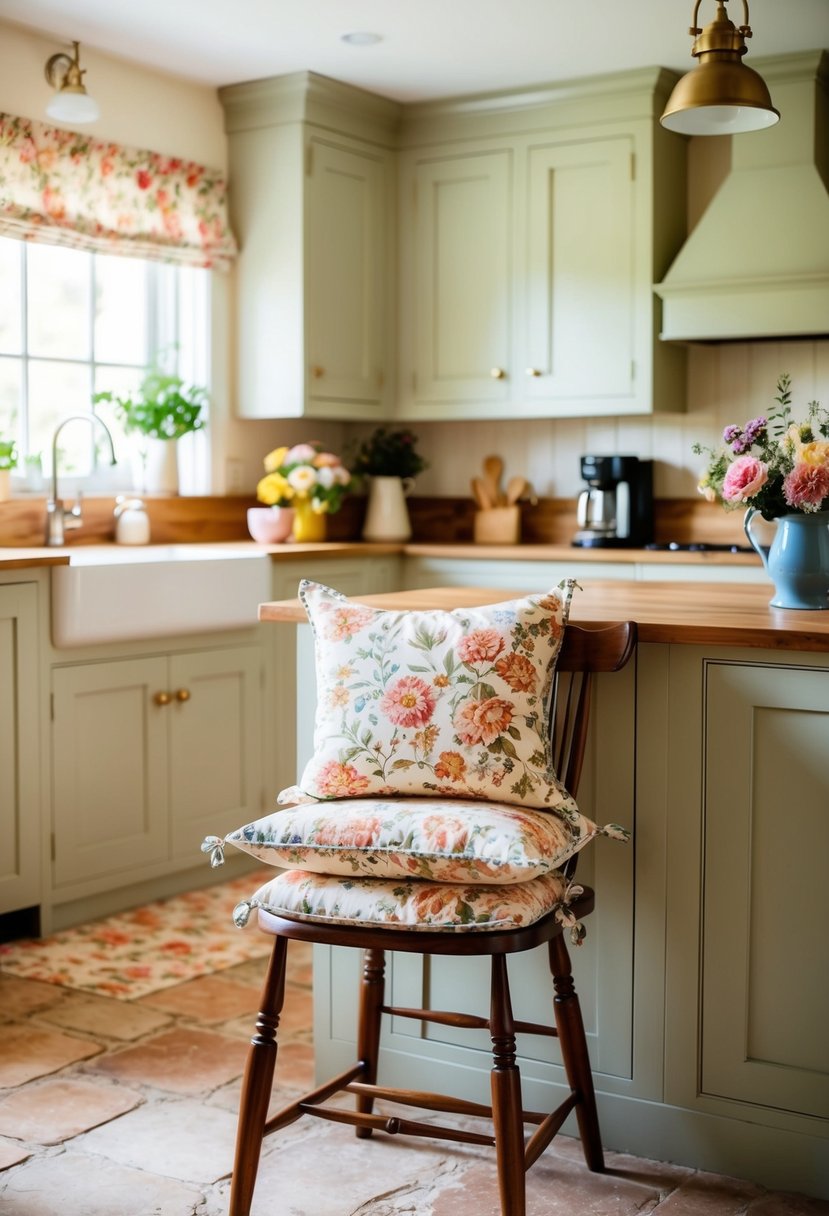 Floral-patterned chair cushions in a cozy cottage kitchen