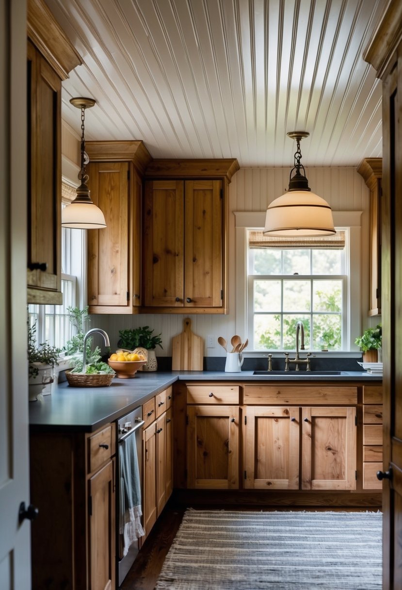 A cozy cottage kitchen with a beadboard ceiling, vintage pendant lights, and rustic wooden cabinets