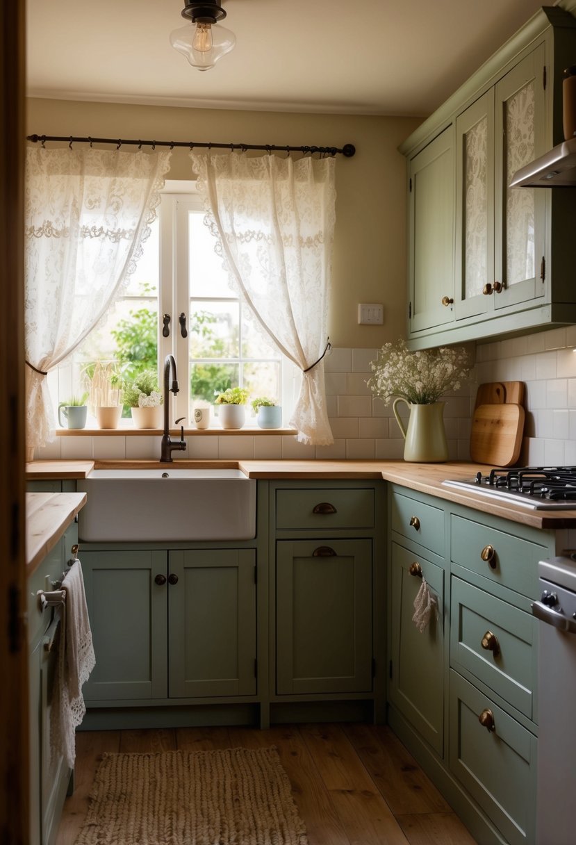 A cozy cottage kitchen with chalk-painted cabinets, rustic hardware, and warm natural light filtering in through lace curtains