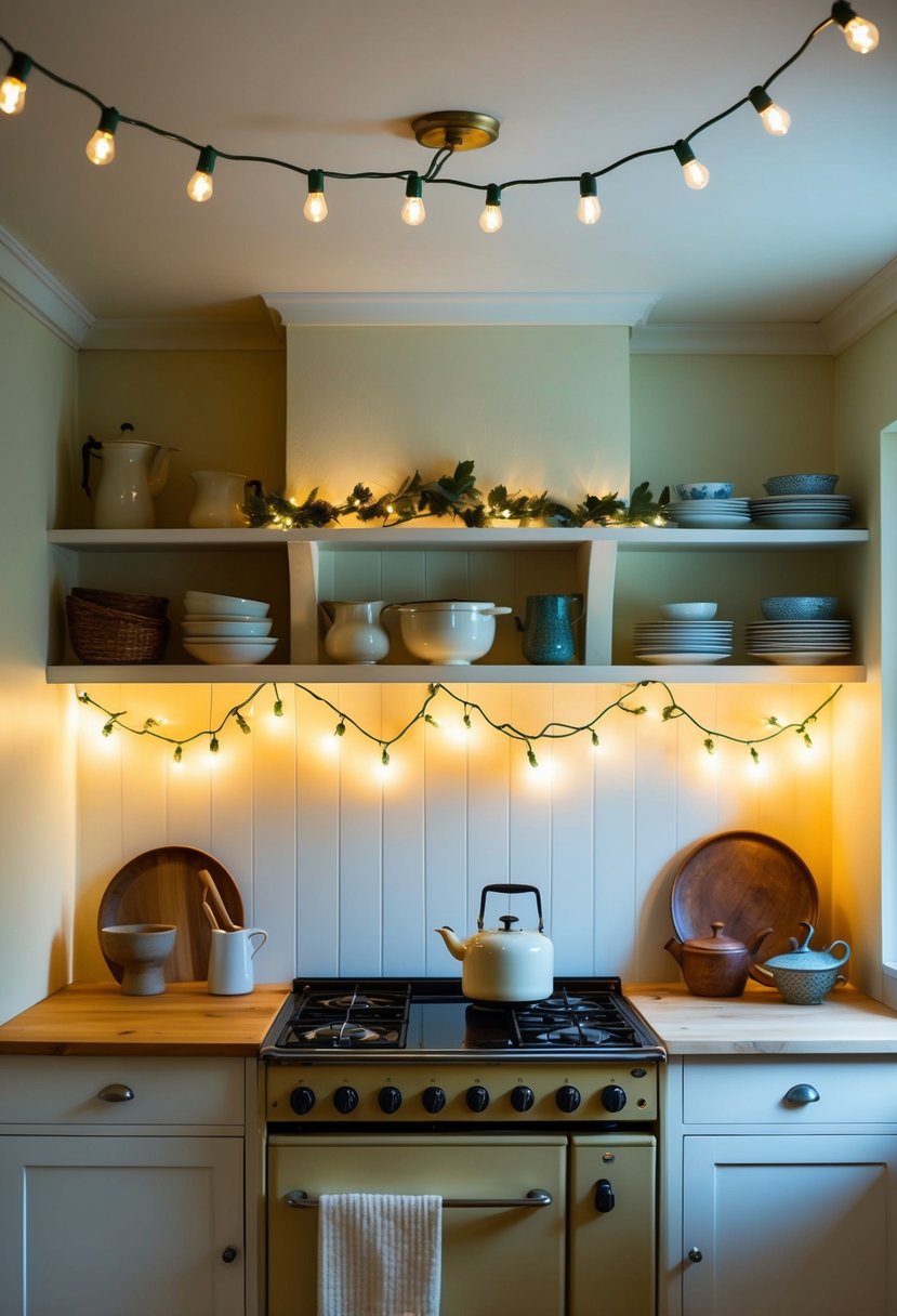 Soft fairy lights hang above a cozy cottage kitchen, illuminating shelves of rustic dishes and a vintage stove