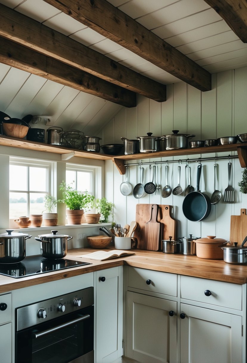 A rustic cottage kitchen with a galley rail holding various utensils and cookware