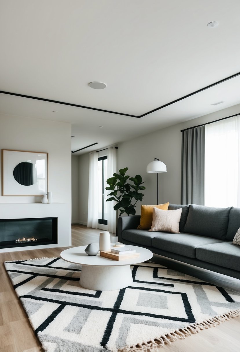 A modern living room with a geometric area rug, clean lines, and minimal decor