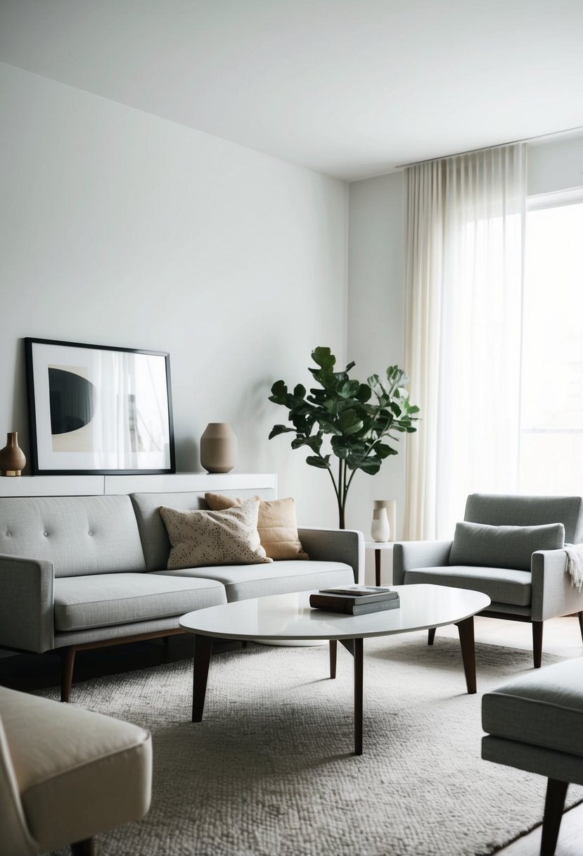 A mid-century modern coffee table sits in a minimalist living room with clean lines and neutral colors, accented by a few carefully chosen decorative items