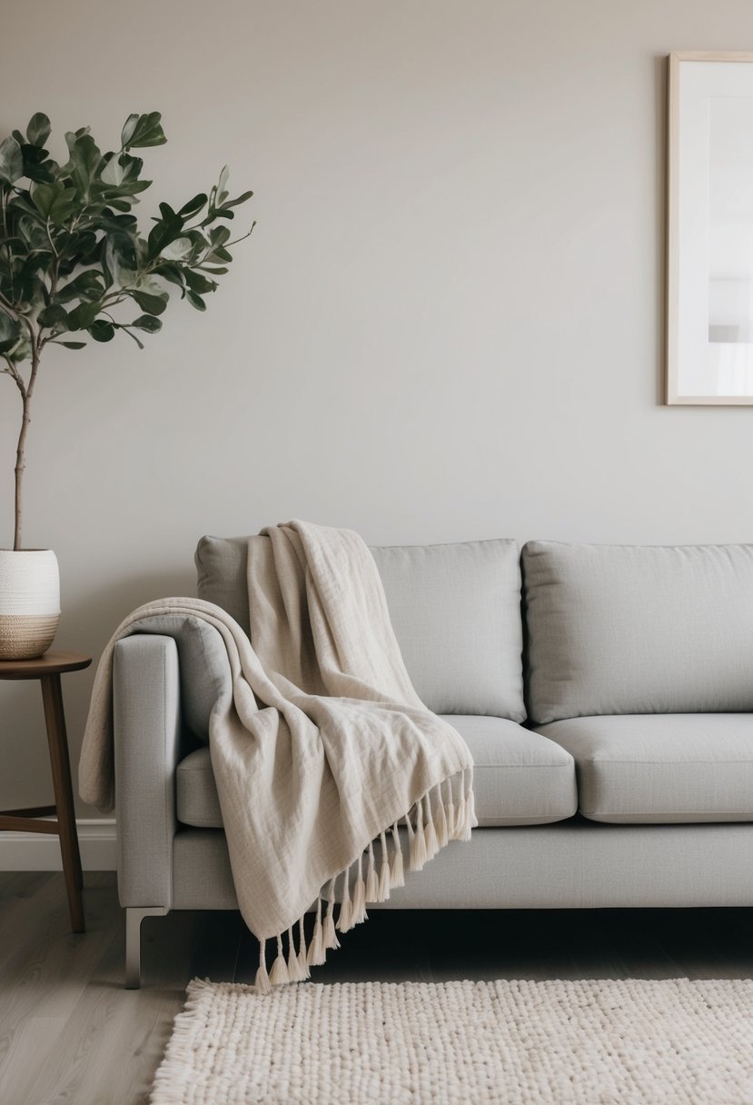 A cozy living room with a neutral color palette, featuring a simple linen throw blanket draped over a modern sofa