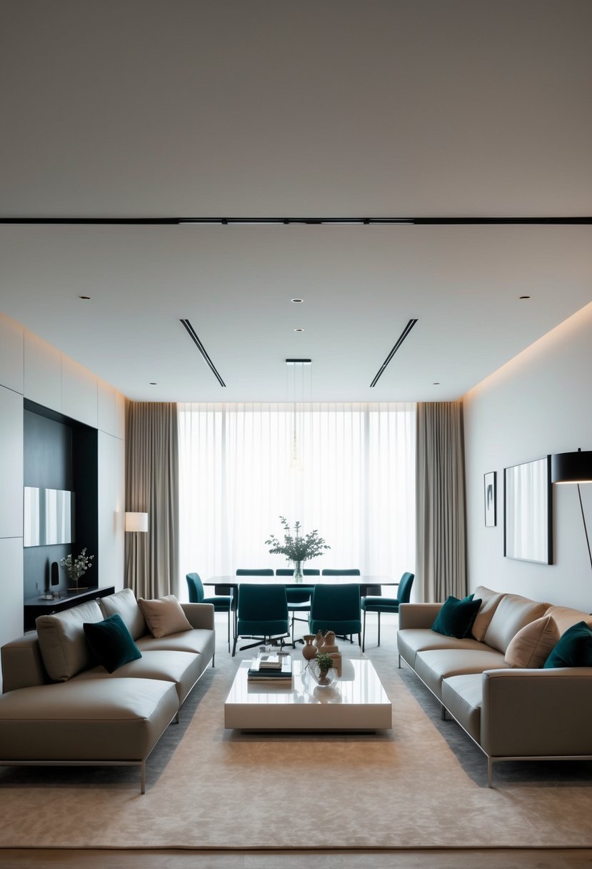 A sleek Scandinavian floor lamp illuminates a minimalist living room with clean lines and neutral tones