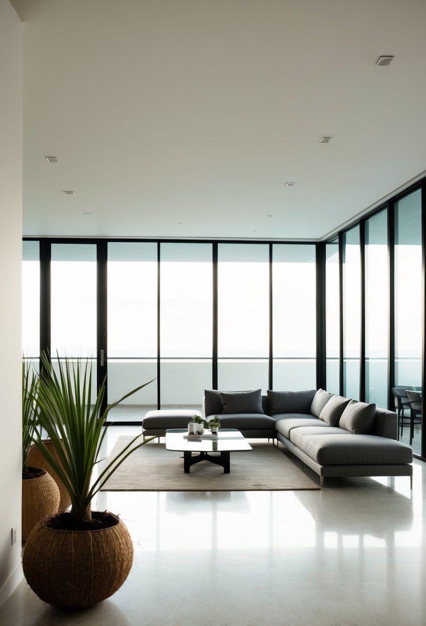 A spacious, modern living room with sleek furniture and large windows. In one corner, coconut husk planters add a touch of natural, minimalist decor