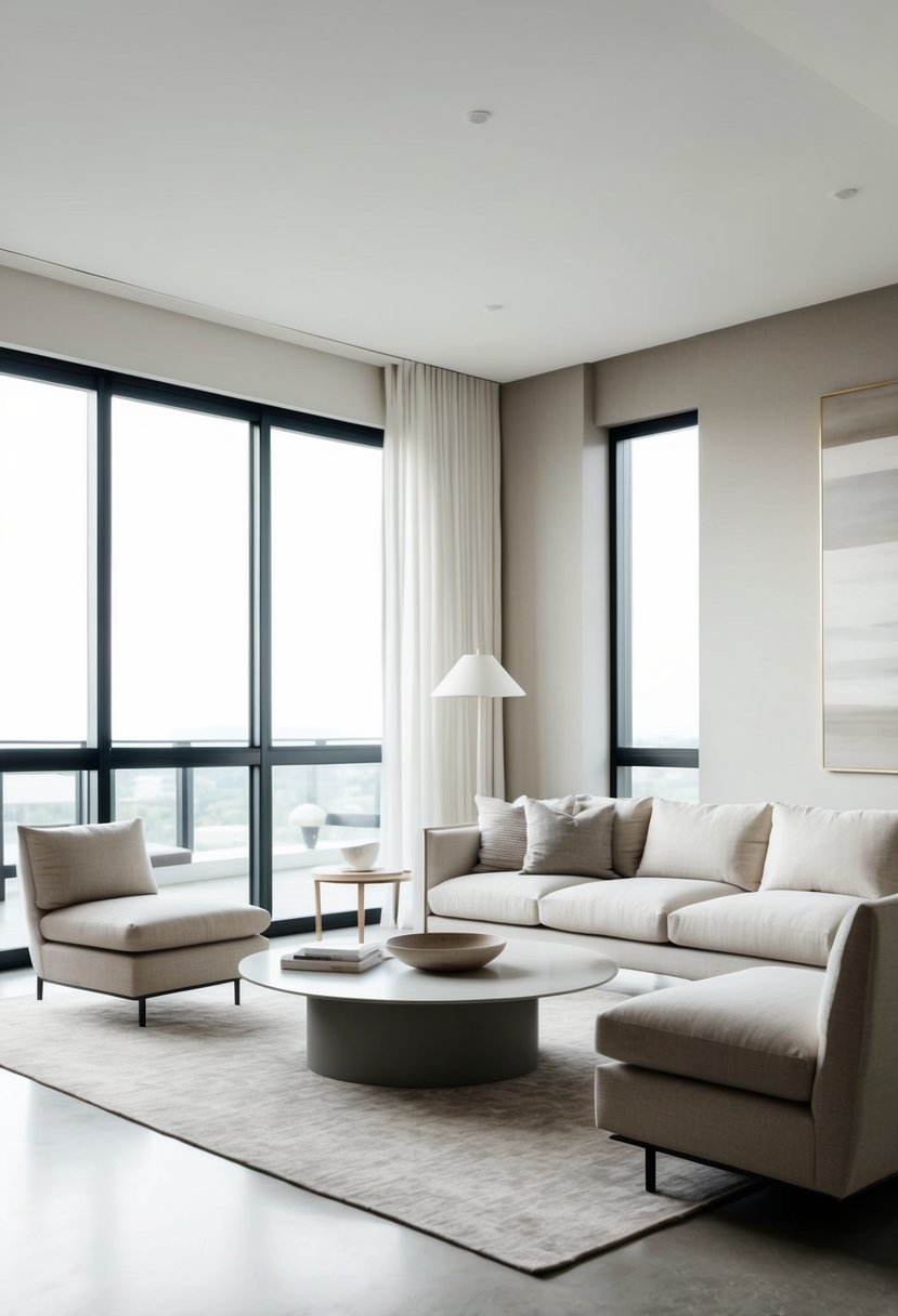 A spacious living room with neutral colors, clean lines, and minimal furniture. Large windows let in natural light, creating a serene atmosphere