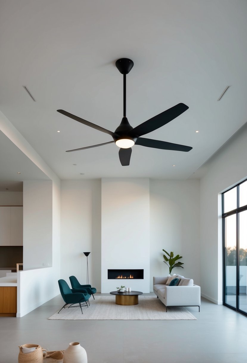 A sleek, modern ceiling fan hangs from a high ceiling in a minimalist living room with clean lines and simple furnishings