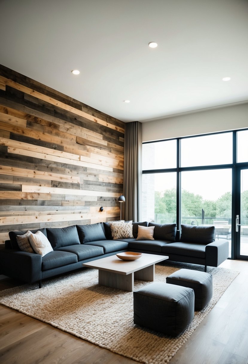 A spacious living room with a reclaimed wood accent wall, minimalist decor, and natural light streaming in through large windows