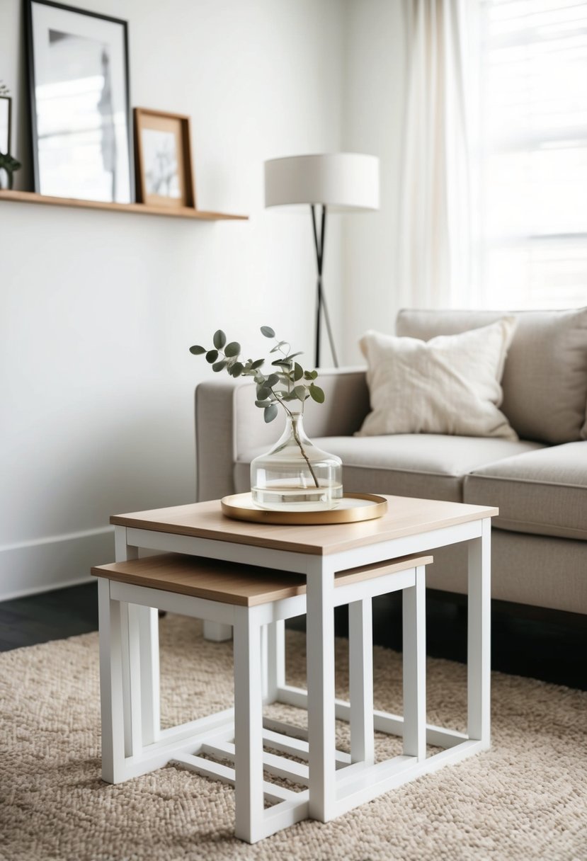 A minimalist living room with nesting tables, clean lines, and neutral colors