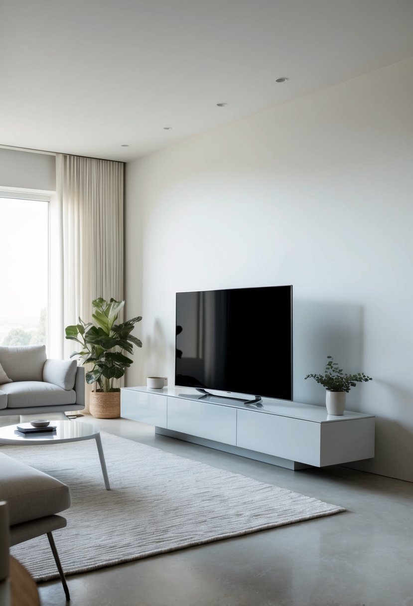 A sleek, low-profile TV stand sits in a clean, uncluttered living room with simple, modern furnishings and neutral colors