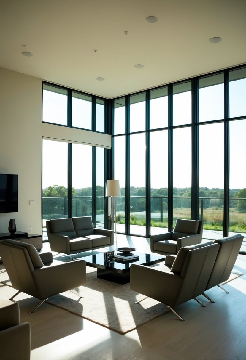 A spacious, sunlit living room with sleek, modern furniture and floor-to-ceiling windows offering a view of the outdoors
