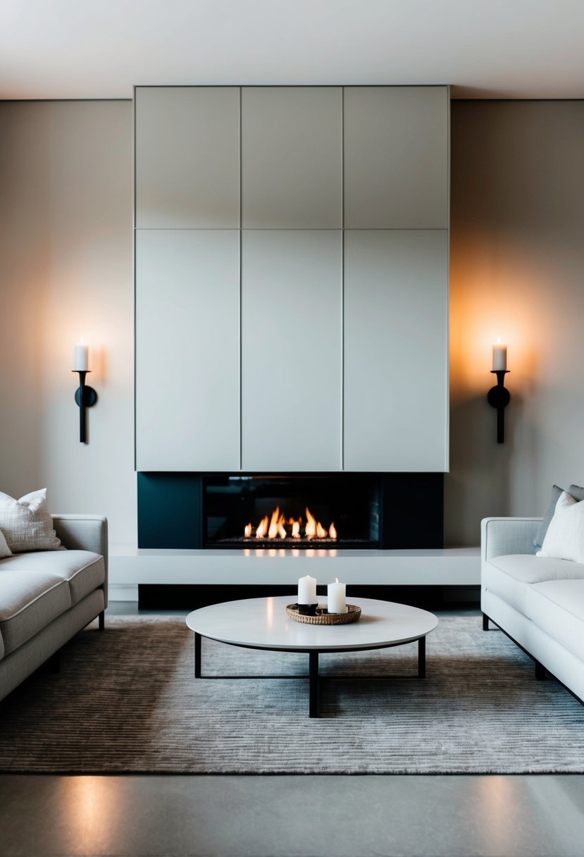 A spacious living room with clean lines and neutral colors. Two wall-mounted candle holders flank a minimalist fireplace, casting a warm glow
