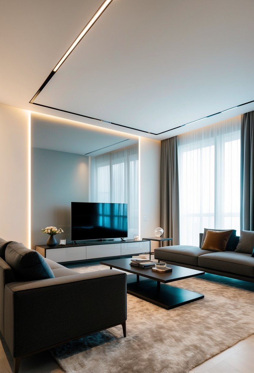 A modern living room with LED strip lighting accentuating clean lines and minimalist decor