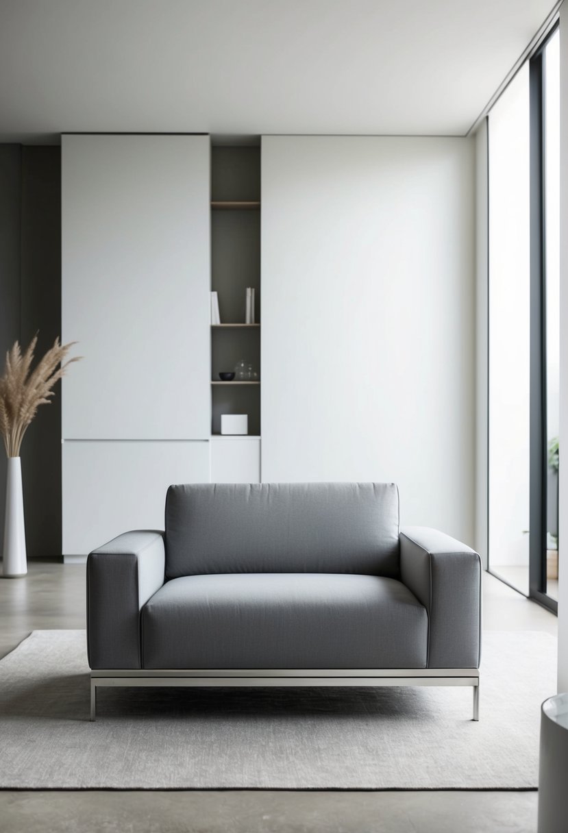 A sleek, compact loveseat sits in the center of a minimalist living room, surrounded by clean lines and neutral colors