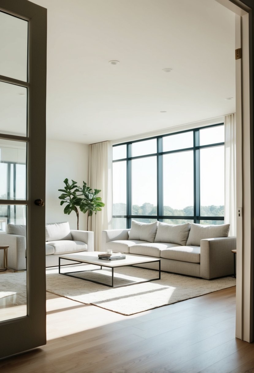 A spacious, sunlit living room with clean lines and neutral colors. Large windows with simple white curtains let in natural light