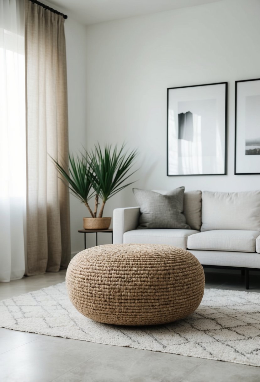 A jute round pouf sits in a minimalist living room with neutral tones, clean lines, and natural light
