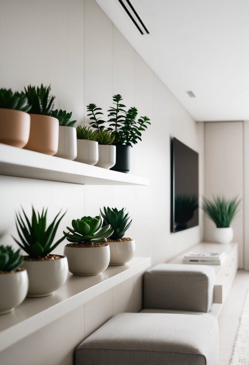 A cozy living room with a sleek, modern design. Ceramic succulent pots adorn the clean, minimalist shelves, adding a touch of greenery to the space