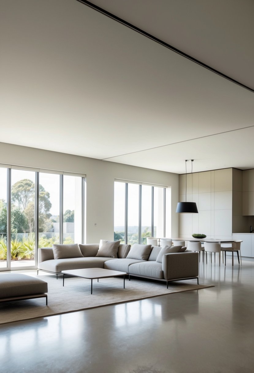 A spacious living room with clean lines, neutral colors, and minimal furniture. Large windows let in natural light, and a sleek, open floor plan creates a sense of spaciousness and simplicity