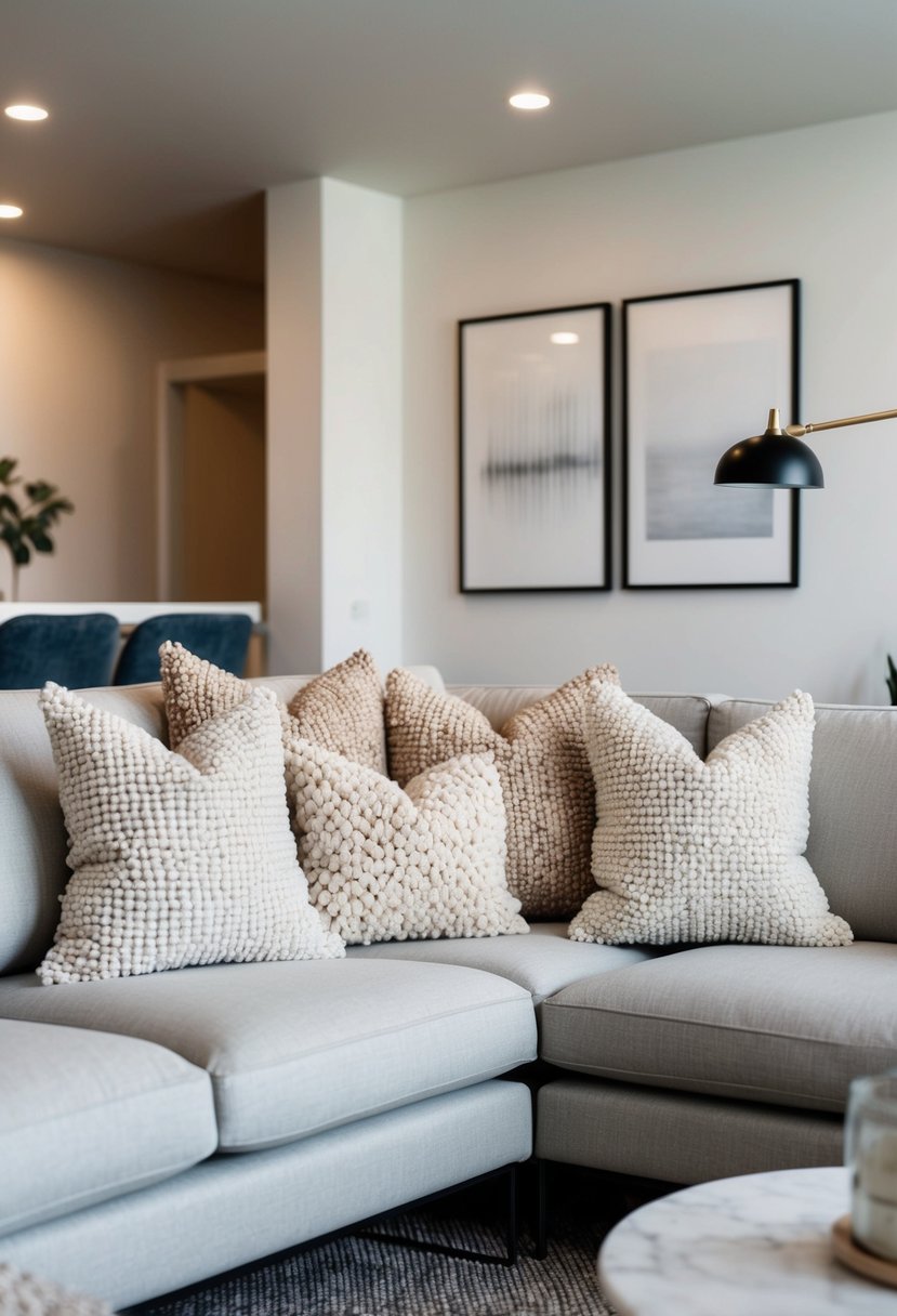 A cozy living room with neutral-toned textured throw pillows arranged on a modern sofa, surrounded by clean lines and minimalist decor
