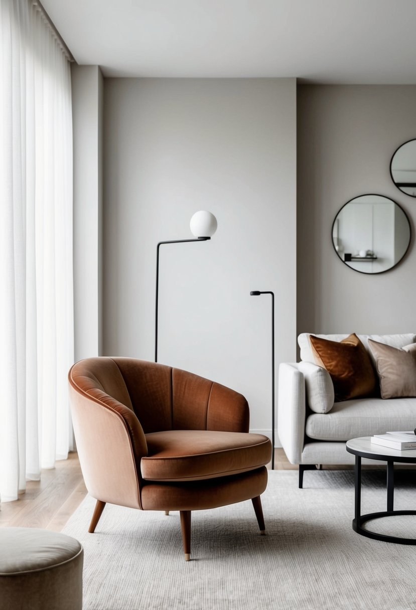 A velvet occasional chair sits in a minimalist living room with clean lines and neutral colors
