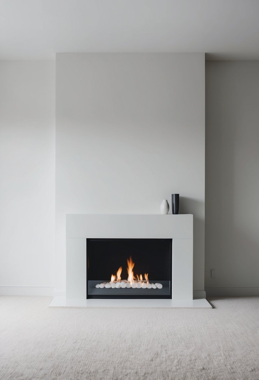A sleek, simple fireplace set against a blank wall in a spacious, uncluttered living room