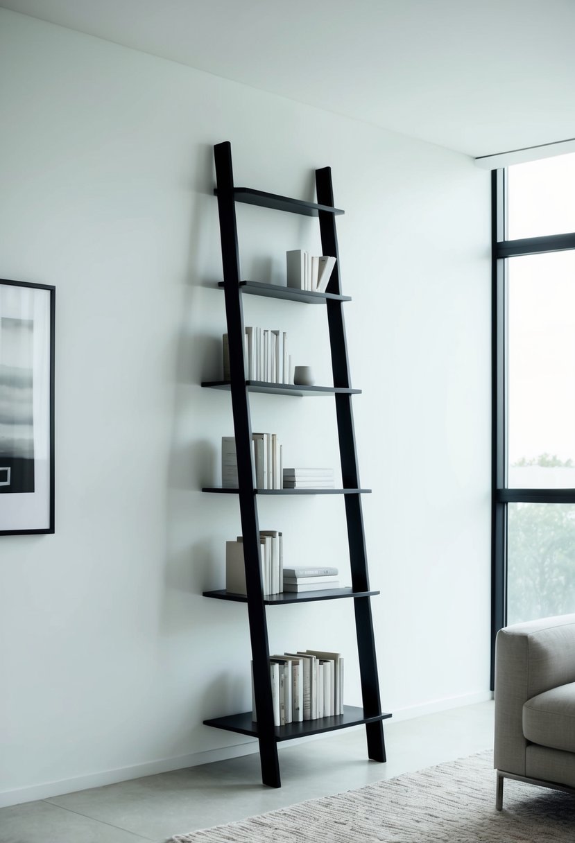 A sleek ladder-style bookshelf stands against a white wall in a minimalist living room with clean lines and neutral colors