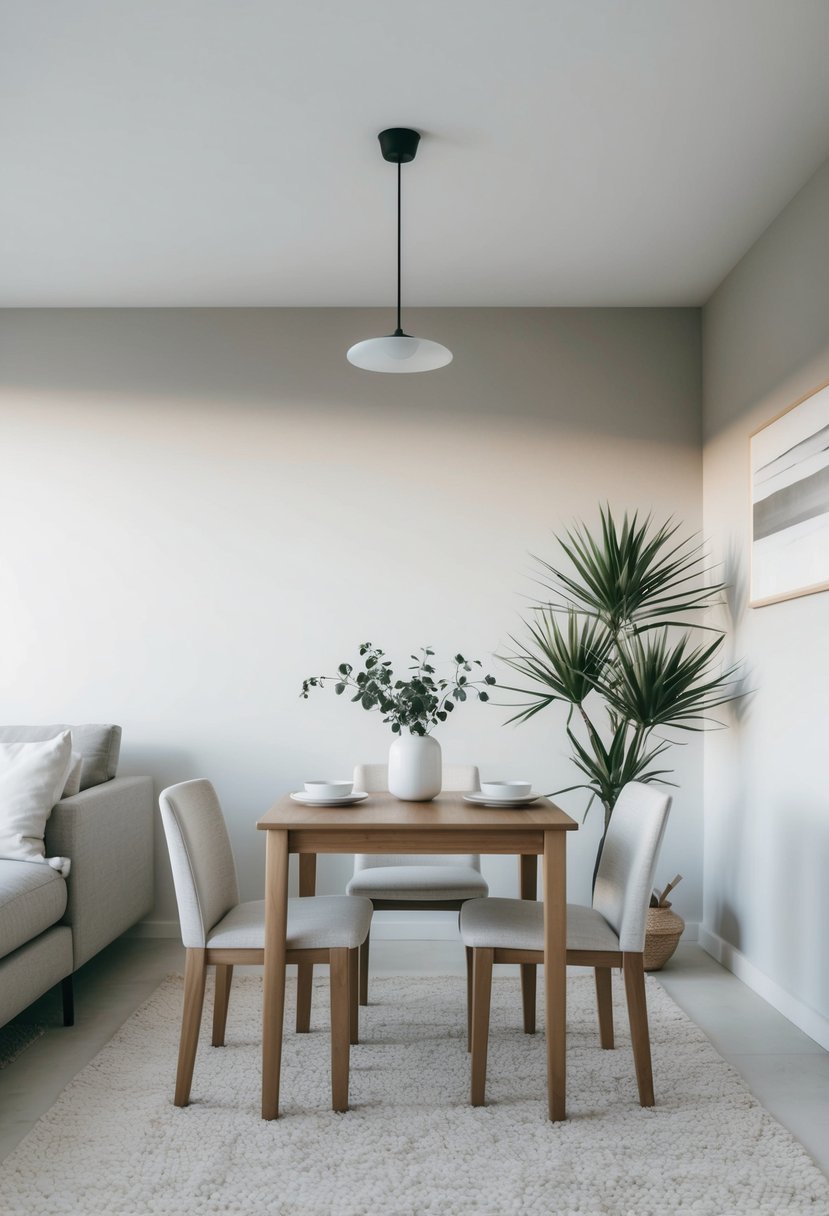 A small dining set sits in a minimalist living room with clean lines, neutral colors, and uncluttered surfaces