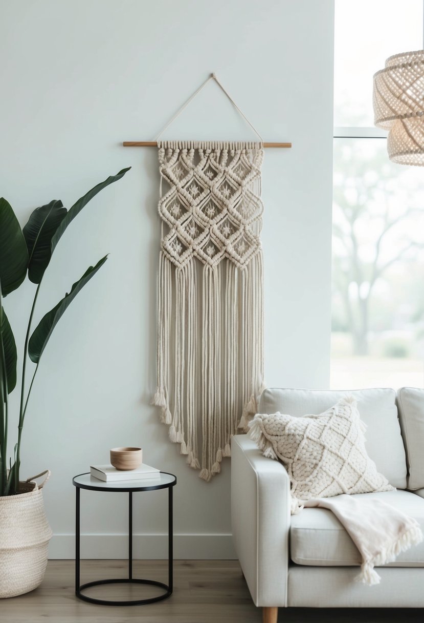 A boho macrame wall hanging adorns a minimalist living room with clean lines and neutral tones