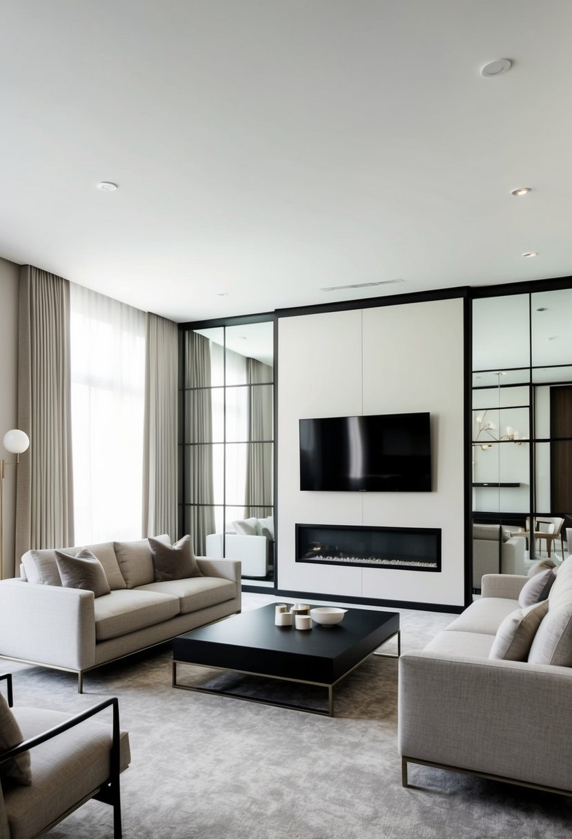 A spacious living room with a sleek accent wall adorned with multiple mirrors, minimalist furniture, and a neutral color palette