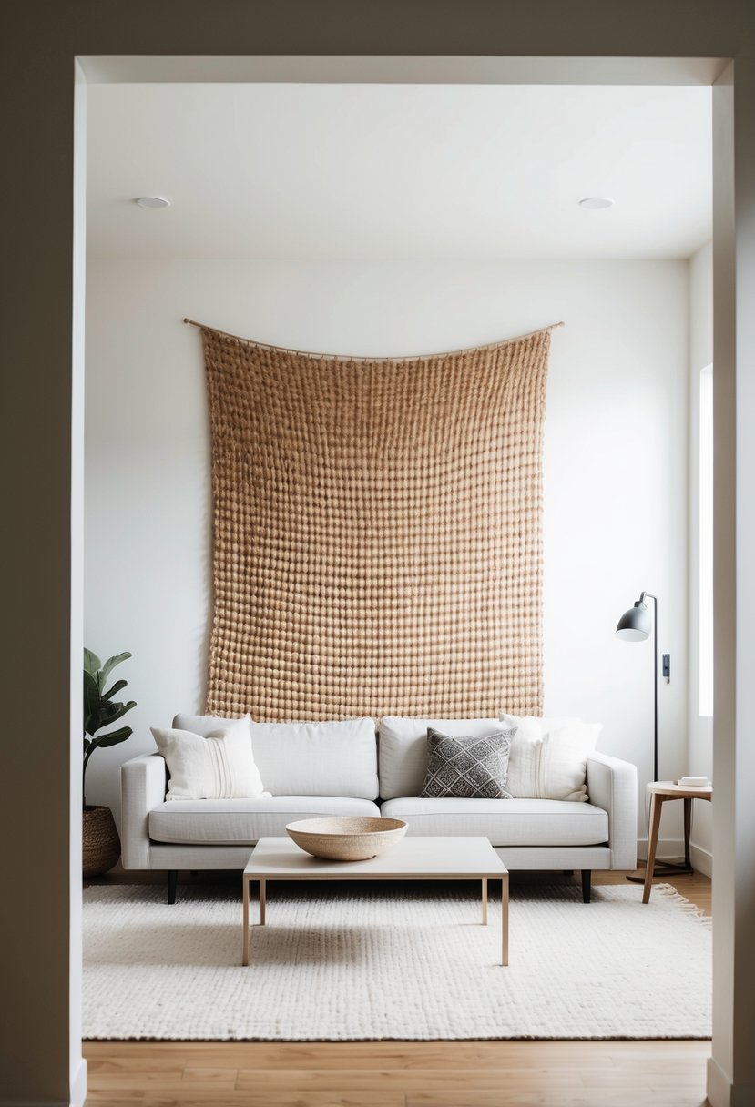 A minimalist living room with a woven wall tapestry as the focal point. Clean lines, neutral colors, and simple furnishings create a serene atmosphere